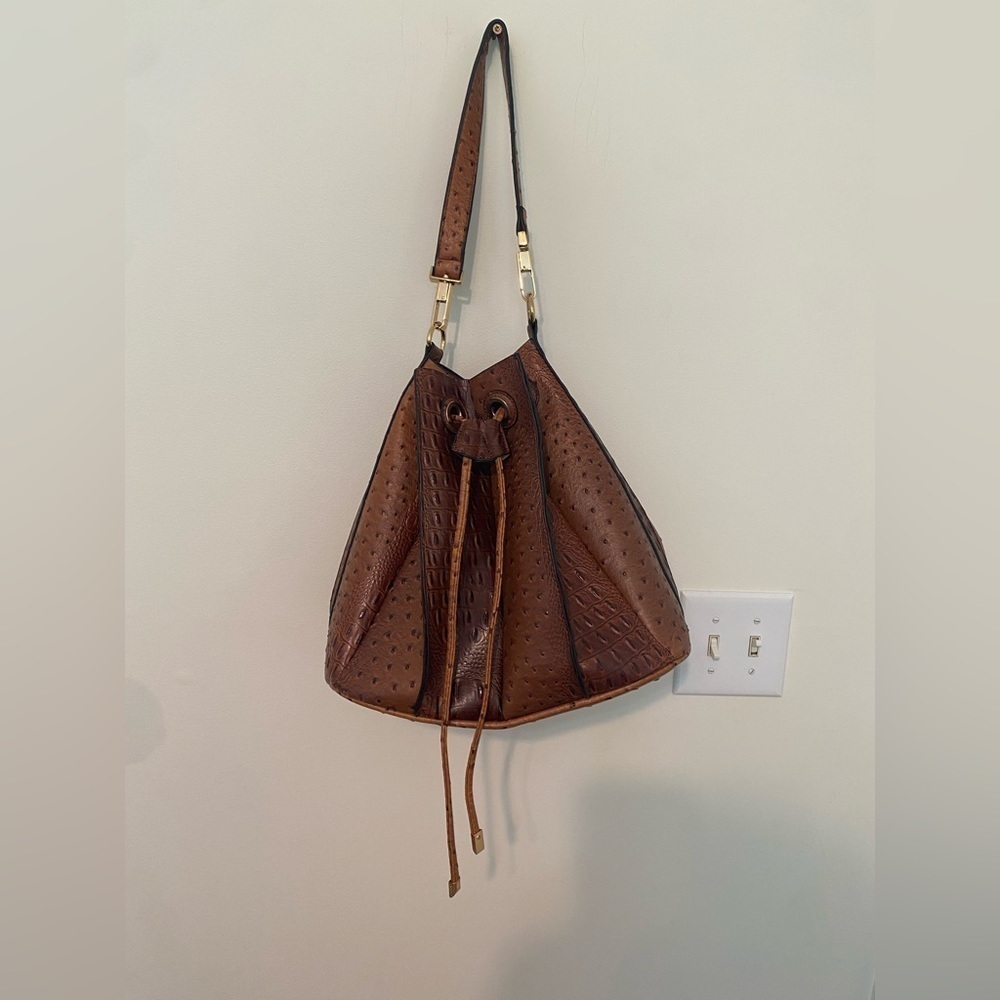Brown Textured Drawstring Shoulder Bag - Picture 3 of 8